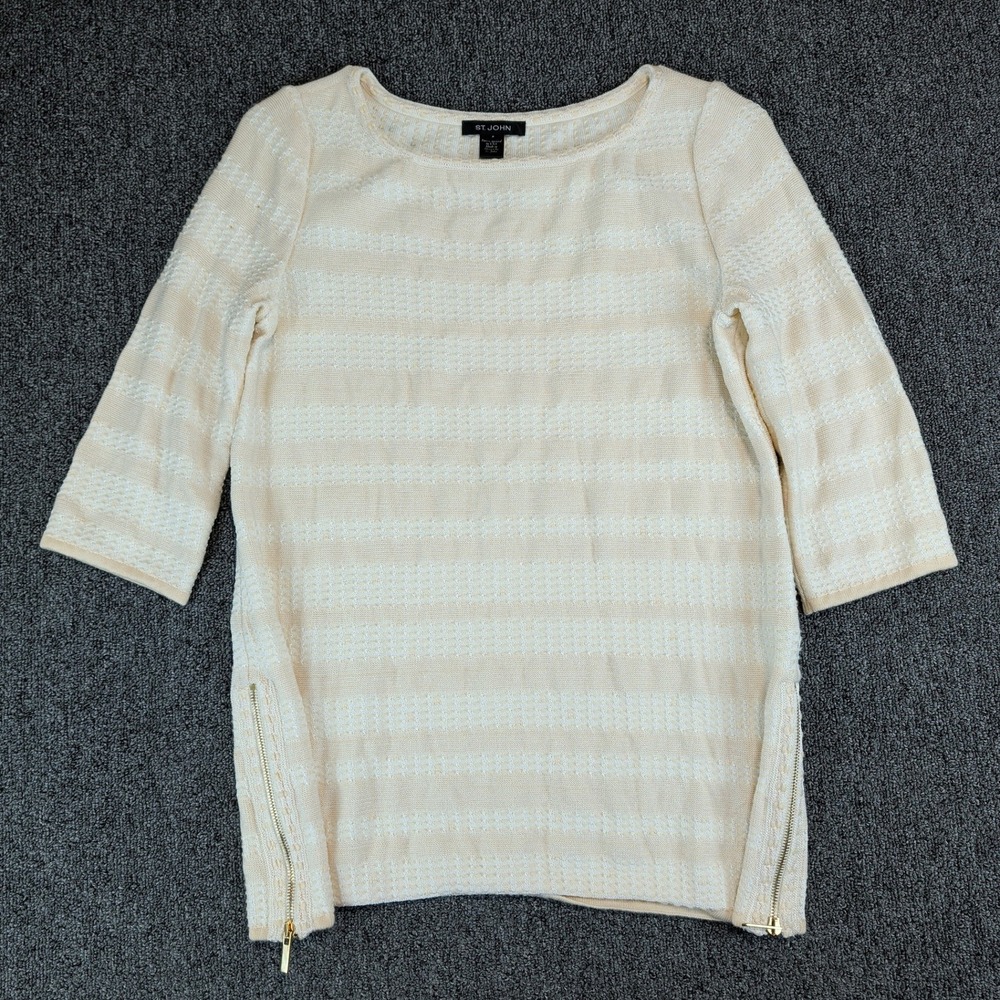 St. John Quiet Luxury Zip Side Knit Top Womens P Cream White Wool Blend P Petite